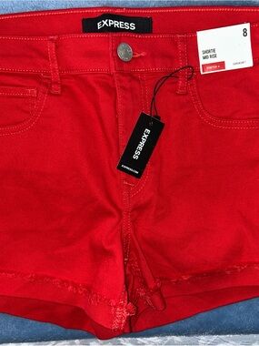 Express Women's Bright Red Shortie Mid Rise Jean Shorts NWT